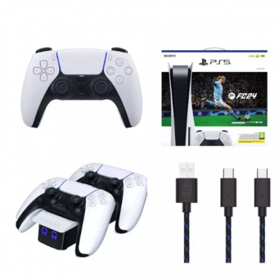 SONY PlayStation 5, EA Sports FC 24 with Ultimate Team Digital Content, DualSense Wireless Controller (White), Charging Cable & Twin Docking Station Bundle