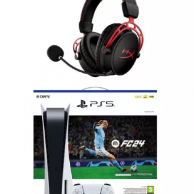 SONY PlayStation 5, EA Sports FC 24 with Ultimate Team Digital Content & Cloud Alpha Wireless Gaming Headset (Black & Red) Bundle